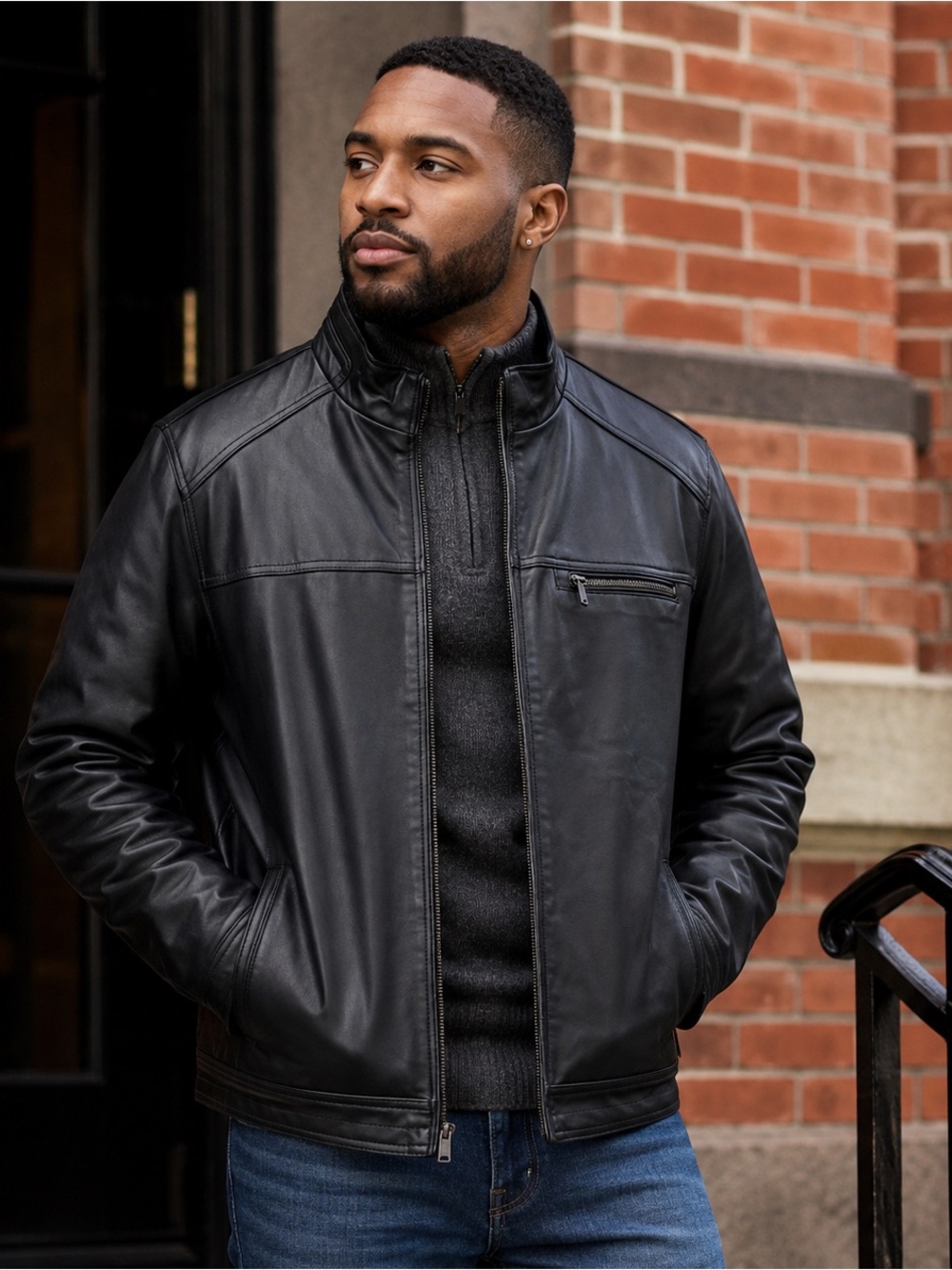 Boston Harbour 90’s Black Lamb Leather Front Zip Bomber Jacket Men’s Medium